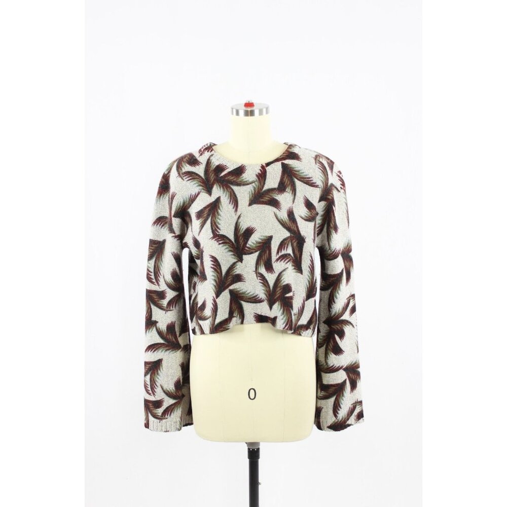 ALC Grey Leaf Print 100% Cashmere Knit Cropped Bell Sleeve Sweater, Size S